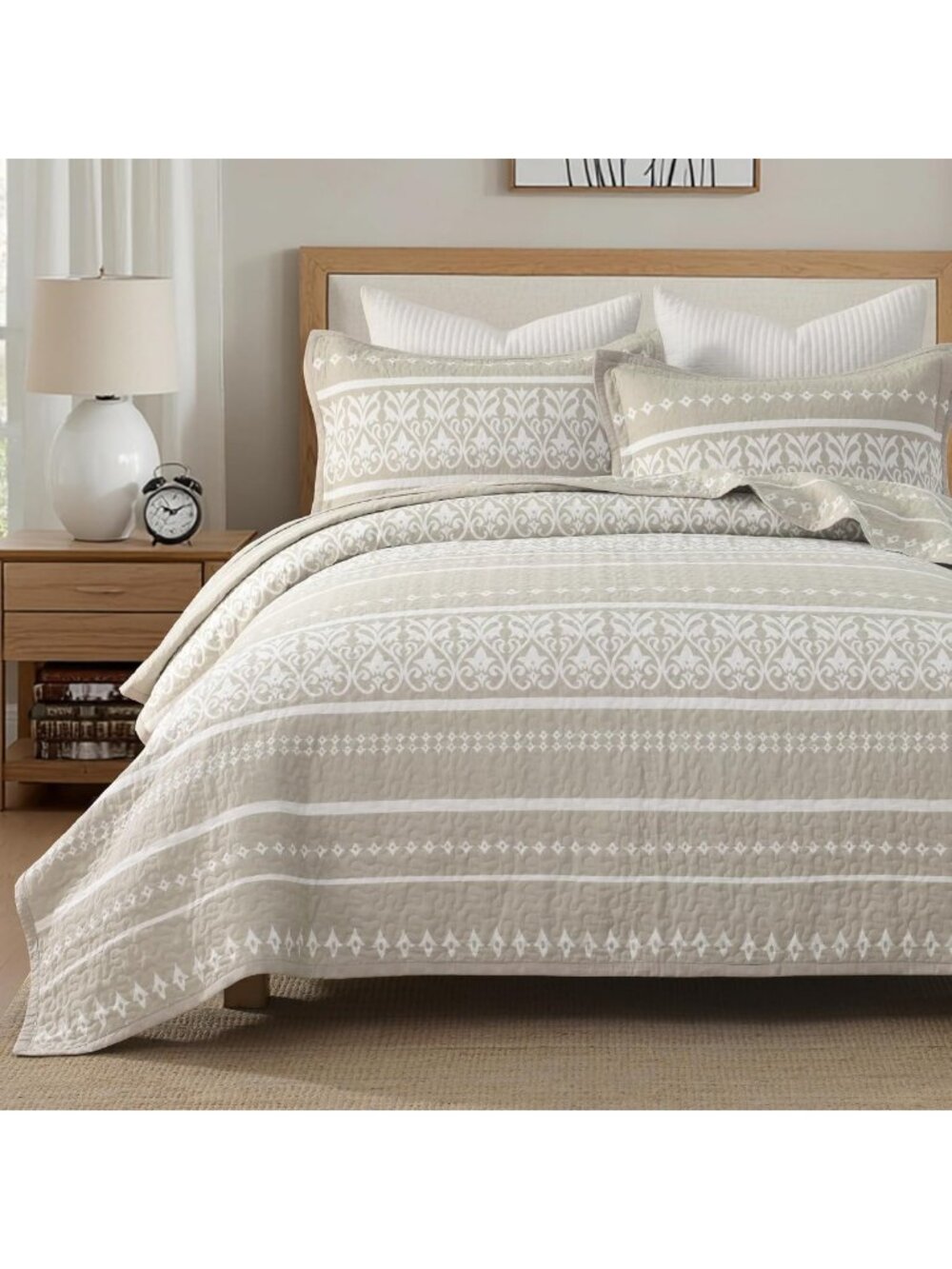 Boho Striped King Size Quilt Set - 100% Cotton, Beige & White, 3 Pieces